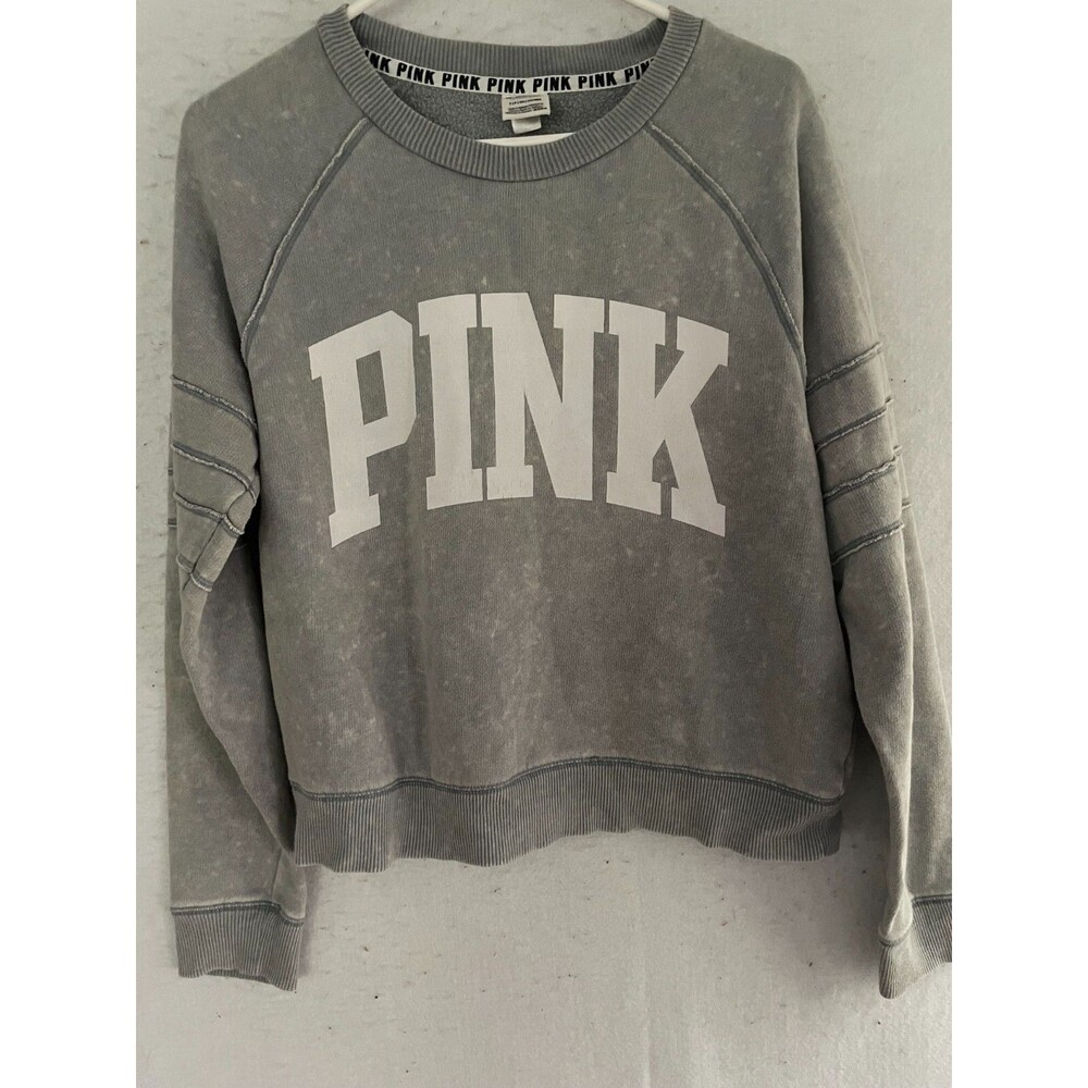 Victoria Secret PINK Crew Neck Sweatshirt Women's Sz S Gray Cropped Oversized